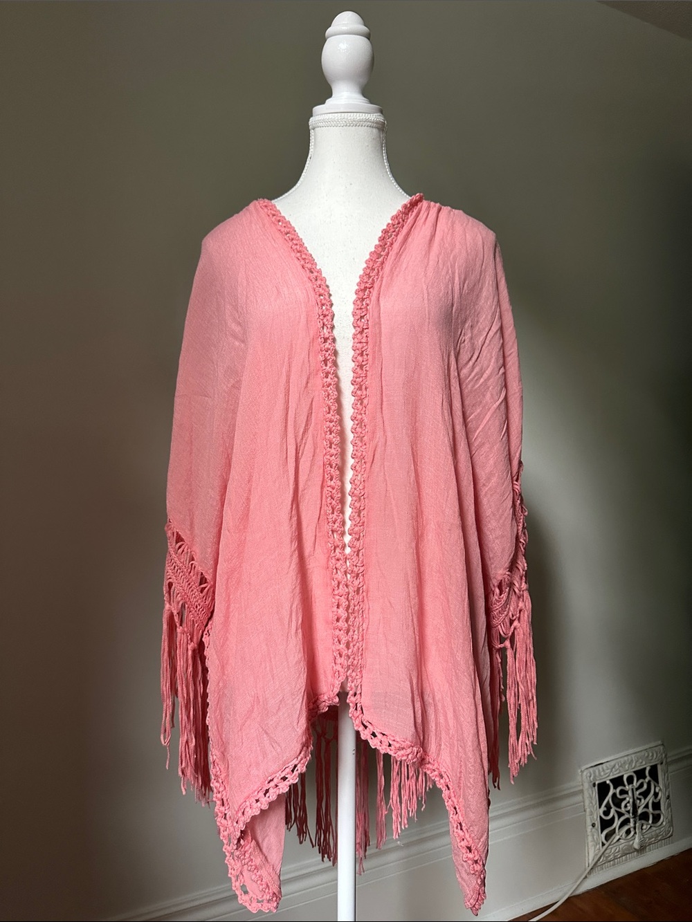 FORGOTTEN GRACE Pink Sheer Crochet Fringe Boho Festival Summer‎ Shawl Large